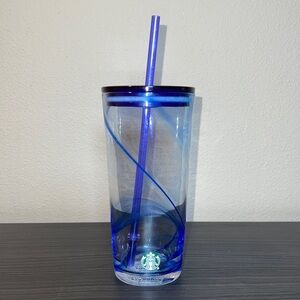 Starbucks Summer 2020 Clear Glass 🔵 Blue Swirl Tumbler Cold Cup Blue Lid Straw